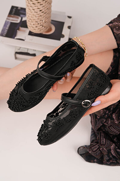 RoseVeno Γυναικείες μπαλαρίνες από διχτυωτό ύφασμα με μαύρες χάντρες και κεντ...