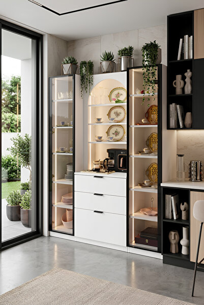 benim odam Diva Ledli 1 Kapılı (2 Adet) Cam Kapaklı Açık Oval Raflı Kahve Köş...