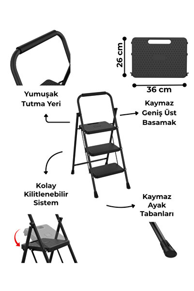 Asil 3 Basamaklı Taşıma Kulplu Katlanır Siyah Metal Merdiven | Güvenlik Kilit...