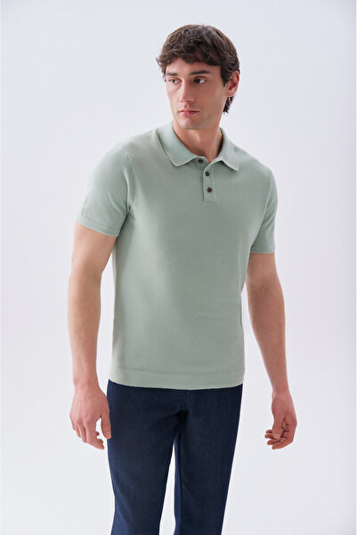 Mudo Men's Green Buttoned Polo Collar Short Sleeve Knit Sweater