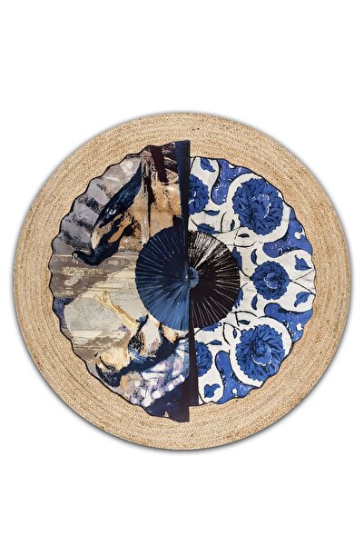 kilim home Boho 960 Blue Blanc Botanik Desenli Örgü Yuvarlak Natural Çift Tar...