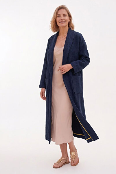 Deriderim Lacivert Şal Yaka Uzun Kollu Dokulu Kimono Kaftan