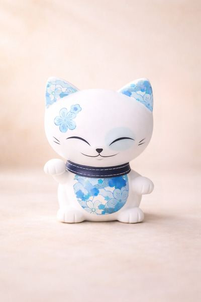 Kimmidoll Mani The Lucky Cat Dekoratif Figür 10x10 cm Mavi Çiçek Desenli Şans...