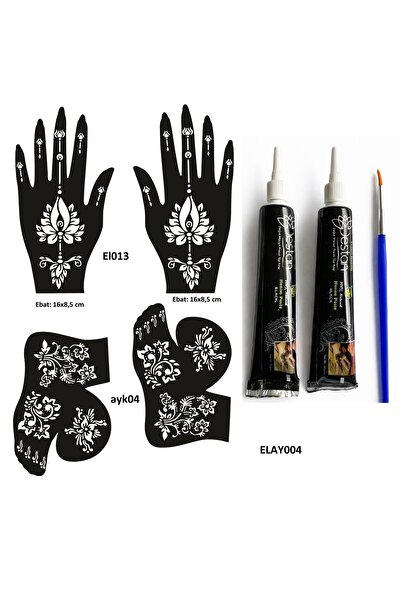 Airbrush Tattoo Lotus Model El ve Ayak Kına Kalıpları 2 Tüp Kına ve Fırça Hed...
