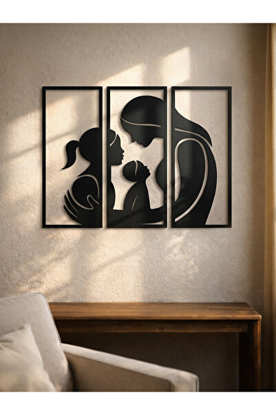 Henno Anneler Günü 3 Parçalı MDF Tablo 63x48 cm Siyah Lazer Kesim Duvar Dekoru