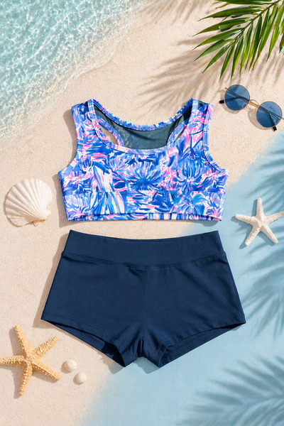 Beniizle Σετ μπικίνι για κορίτσια με μοτίβο με φύλλα με λεπτομέρεια από ελαστ...