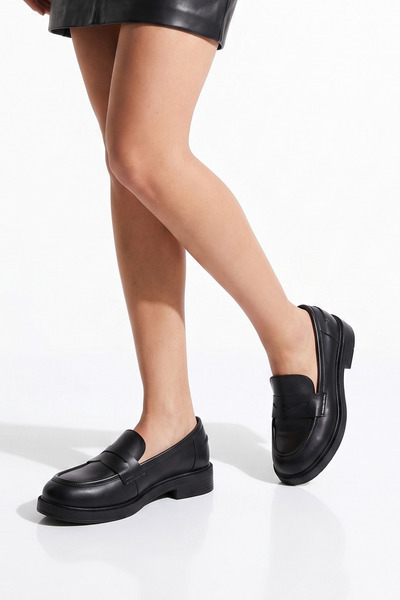 SAYL Black Genuine Leather Loafer Shoes Laceless Women's Casual Shoes