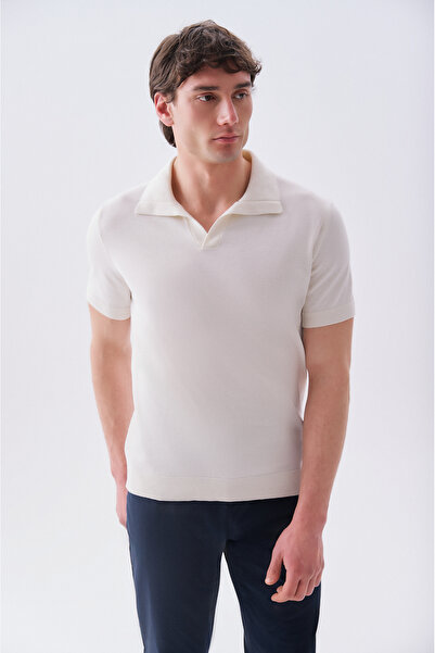 Mudo Men's Navy Blue Polo Collar Short Sleeve Knit Sweater