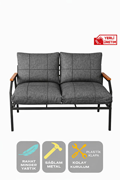 UFUK HOME İkili Koltuk Gri Bahçe Mobilyası Bahçe Takımı Metal Balkon Takımı Ç...