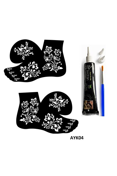 Airbrush Tattoo Gür Çiçekler 2 Adet Ayak Kalıbı ve Siyah Hint Kınası Geçici D...