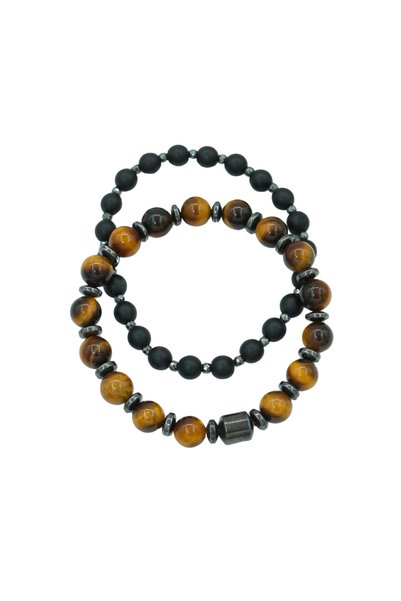 Yelda's Certified Aa+ Tiger's Eye, Magnetite and Hematite Natural Stone Men's Bracelet Set of 2