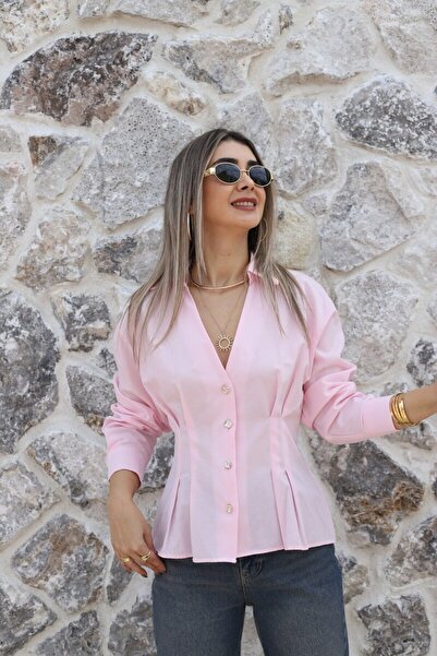 bytugcekaya Ροζ χρυσό πουκάμισο με κουμπιά και πλισέ σχέδιο