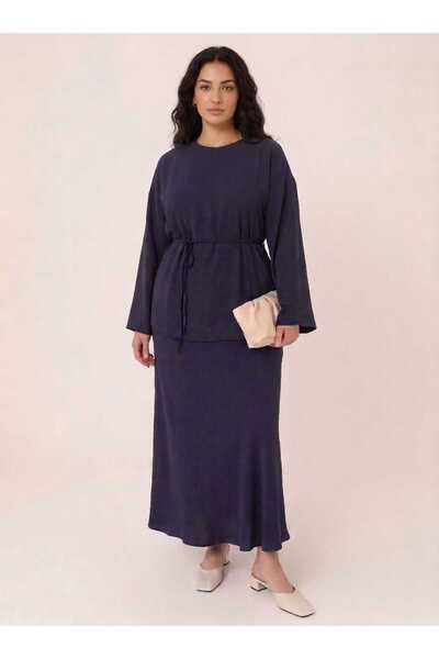 ALİA Tie Detail Skirt&Blouse Plus Size Double Suit - Navy Blue -