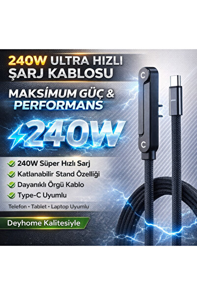 Type-Lean Standlı Type-C to Type-C Şarj Kablosu 150 CM 240W Örgülü Hızlı Şarj...