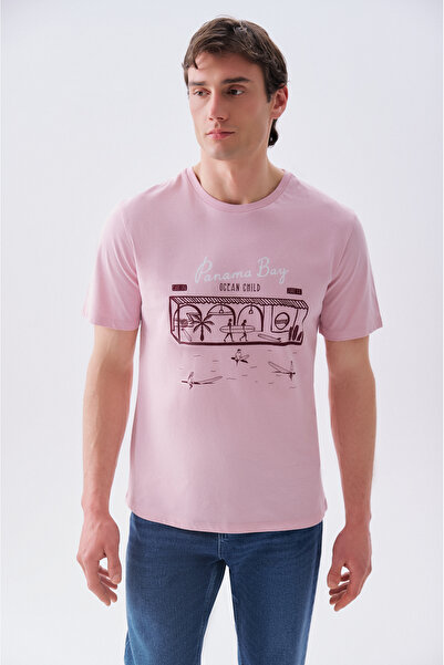 Mudo Erkek Pembe Baskılı Bisiklet Yaka T-Shirt