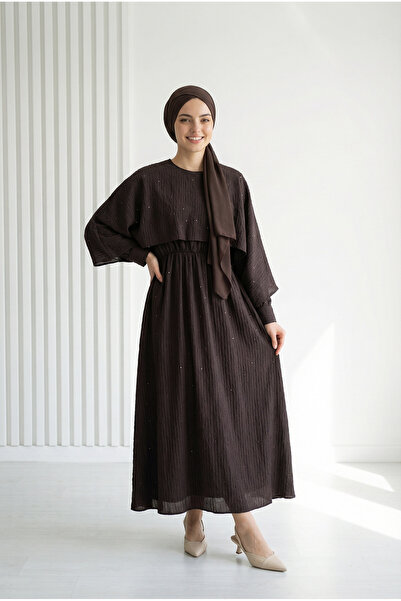 MİHRA STORE Φόρεμα με παγιέτες και ανεμοθραυστική κάπα-NA2422 Καφέ