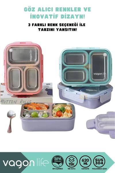 Vagonlife 3 Bölmeli ( Yeni ) 620 Ml Çelik Lunch Box VGN-7097 - PEMBE