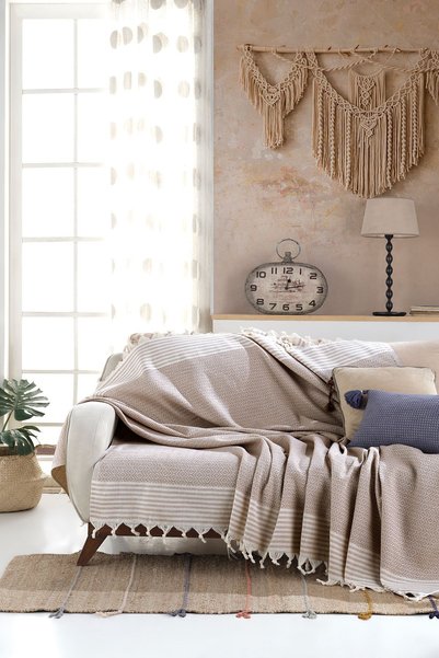 Lux Touch غطاء أريكة/شال كنبة Bergama من قطن Buldan، باللون البيج، مقاس 170×210 سم