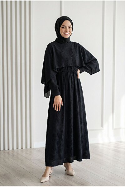 MİHRA STORE Φόρεμα με παγιέτες και ανεμοθραυστική κάπα-NA2422 Μαύρο