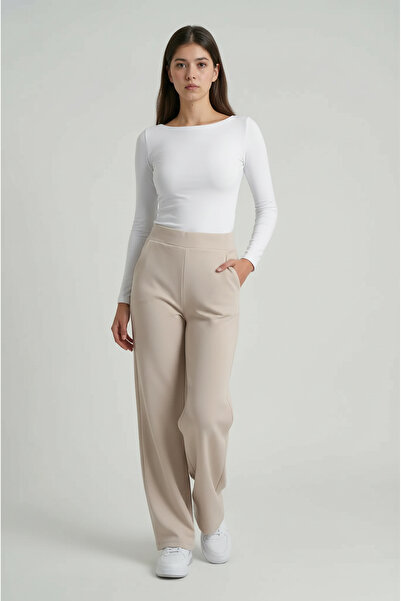 MODASPARK Μπεζ ψηλόμεσο γυναικείο παντελόνι παλάτσο από λύκρα με ίσια γραμμή ...