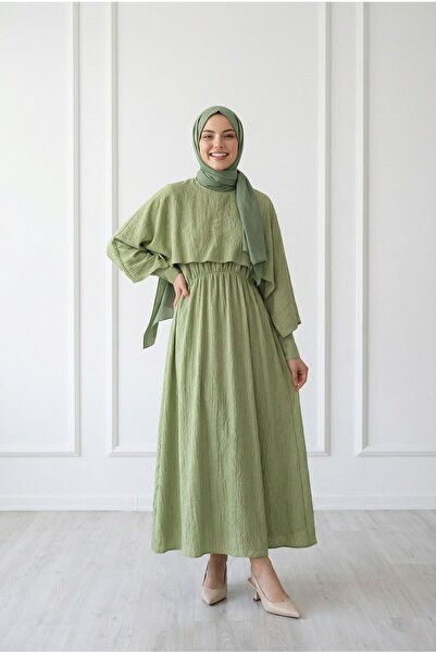 MİHRA STORE Φόρεμα με παγιέτες και ανεμοθραυστική κάπα-NA2422 Πράσινο Φιστικί