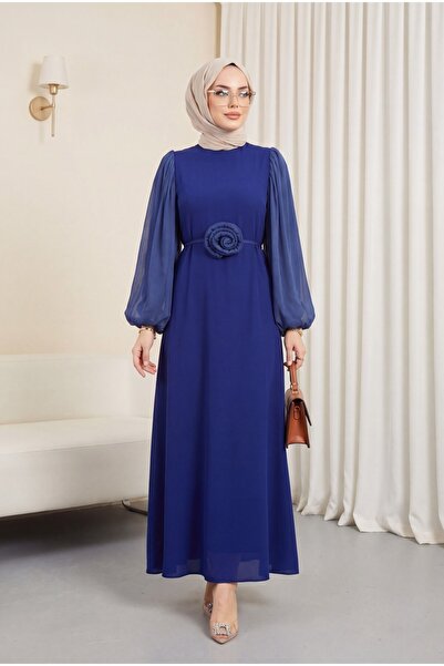 Modamorfo Balloon Sleeve Cuff Elastic Rose Belted Dress -Laci