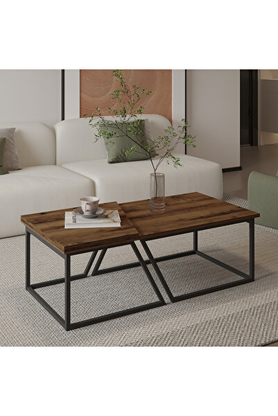 Verona Double Coffee Table – Modern Design Coffee Table Set with Metal Legs Antique Walnut