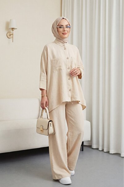 Modamorfo Σετ πουκάμισο με διπλές τσέπες και μανίκια τύπου νυχτερίδας - μπεζ