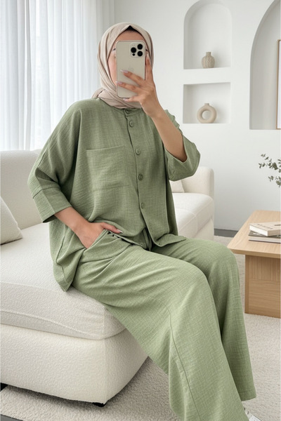 Modamorfo Σετ πουκάμισο Casual με διπλή τσέπη Half Bat Sleeve - Χακί