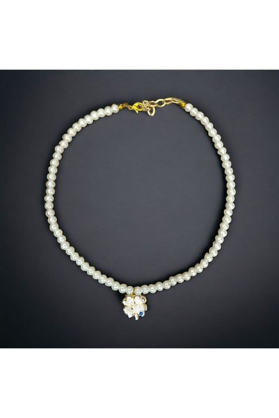 LeylanTakı Women's Evil Eye Beaded Clover Motif White Pearl Necklace Handmade Bijouterie Gift Accessory