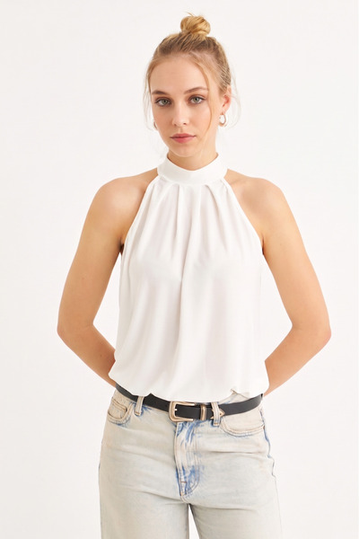 NEW JOURNAL Γυναικεία Μπλούζα με Σχέδιο σε Εκρού Χρώμα και Λαιμόκοψη Halter A...