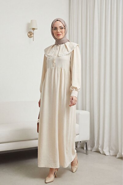 Modamorfo Φόρεμα από λινό με κορδόνι στο λαιμό και μισά κουμπιά - μπεζ