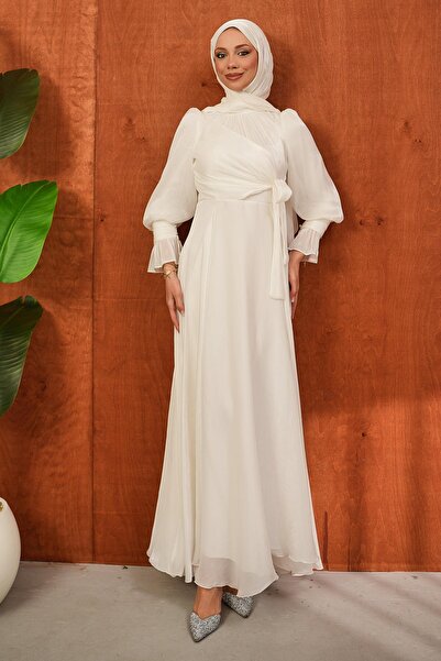 İmajButik Ecru Side Tie Sleeve Detailed Evening Dress