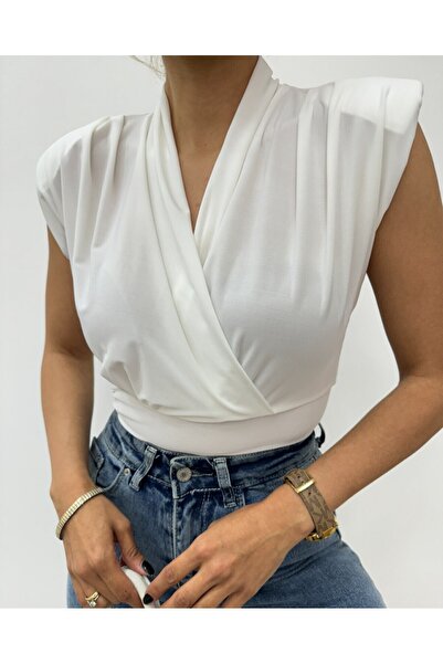 Modamorfo Double Breasted Model Sandy Blouse with Zero Sleeves - White