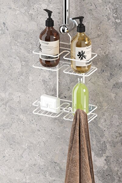 Teknotel Asılabilir Kancalı Askılı Banyo Rafı Şampuanlık Beyaz BK067