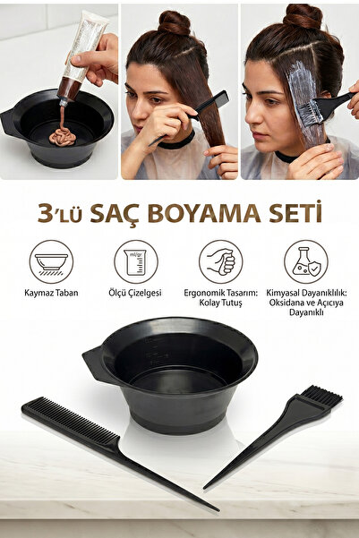 Soillium 3lü Set Saç Boyası Kabı Tası Boya Fırçası Ve Krepe Tarak Kuaför Saç Açıcı Boyama Kabı Seti Dayanıklı