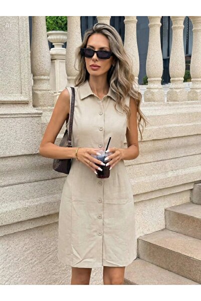 BORCKA TEKSTİL Καφέ καλοκαιρινό, καθημερινό, άνετο και κομψό φόρεμα