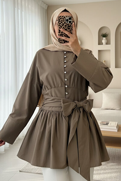 Modamorfo Beli Lace-Up Full Length Tunic with Stone Buttons - Light Brown