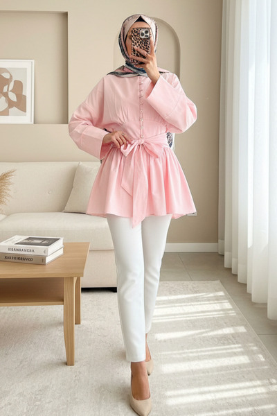 Modamorfo Τουνίκ με κορδόνια στη μέση και πέτρινα κουμπιά σε όλο το μήκος - ροζ