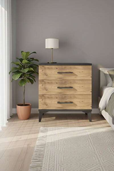 Dienni Hyperion Komodin 3 Çekmeceli 60x44x64 Antrasit-Çam