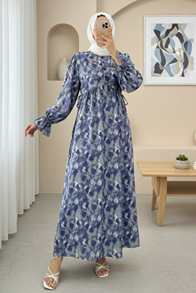 Modamorfo Φόρεμα με μοτίβο, με μισά κουμπιά και κορδόνια στη μέση -indigo