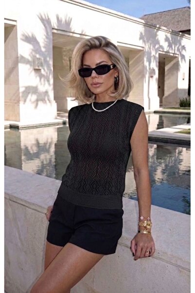 hanope Γυναικεία καλοκαιρινή μπλούζα με διάτρητο σχέδιο και μαύρα μανίκια