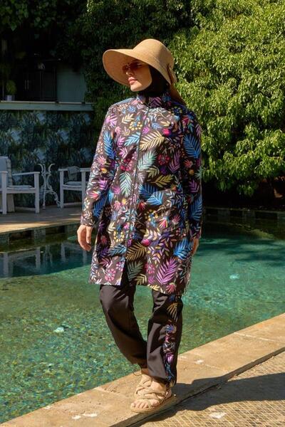 Starinci Mayo Fully Covered Hijab Swimsuit All Parachute Black Colored Flowers