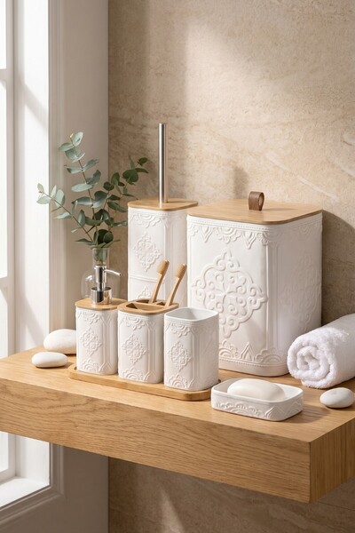 MAKRİ HOME Σετ μπάνιου 7 τεμαχίων με σχέδιο τετράγωνο μπαμπού με καπάκι, Λευκ...