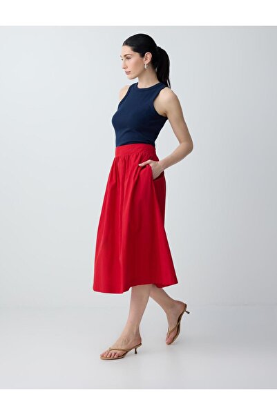 Jimmy Key Κόκκινη 100% βαμβακερή φούστα μίντι με κανονική μέση και άνετη εφαρ...
