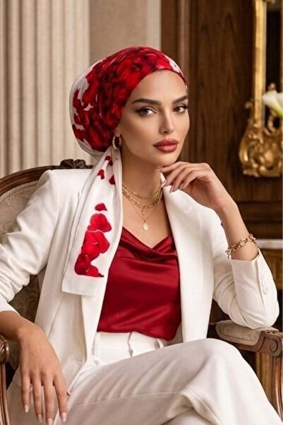 Aişe tesettür Λευκό κόκκινο μαντήλι με σχέδιο τριαντάφυλλου