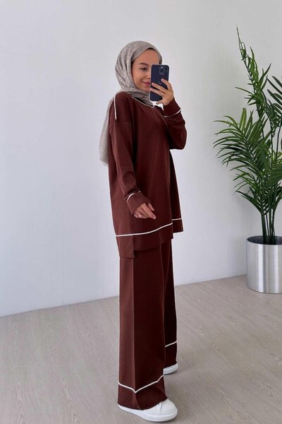Ka Hijab Biye Detay Merserize Tesettür İkili Takım - Kahverengi