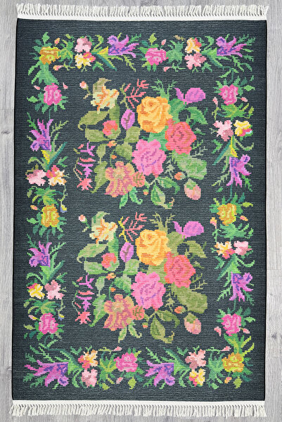 kilim home Covor decorativ țesut autentic din seria Cotton, cu bază neagră și...
