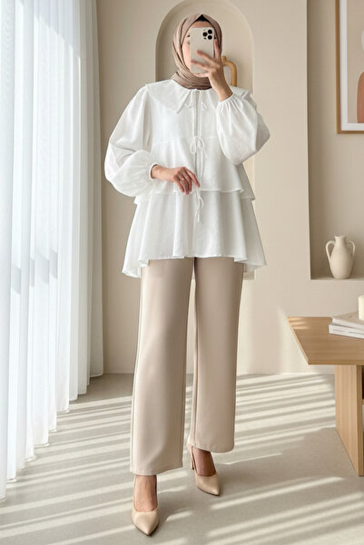 Modamorfo Κιμονό με δαντέλα μπροστά και στρώσεις στη φούστα - λευκό