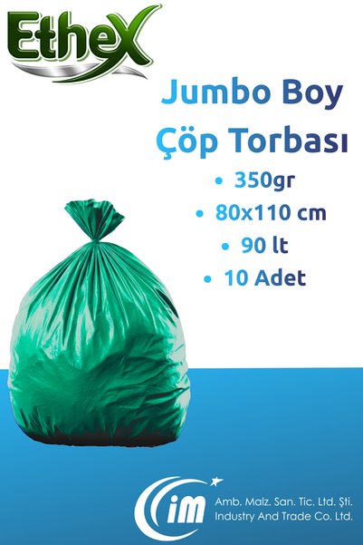 Ethex Endüstriyel Jumbo Boy Çöp Torbası (10 ADET 350GR 80 X 110CM 90LT YEŞİL 5 RULO)